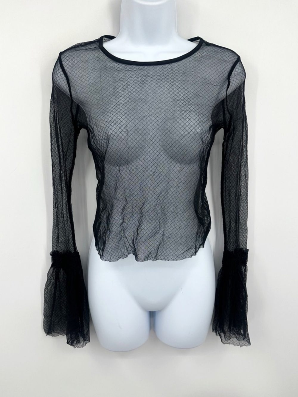 Forever 21 Contemporary Black Sheer Cropped Long Sleeve Shirt Size Medium Goth